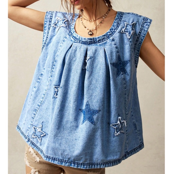 Star print Patch Loose Fit Frayed Hem Tank Top - Picture 1 of 8